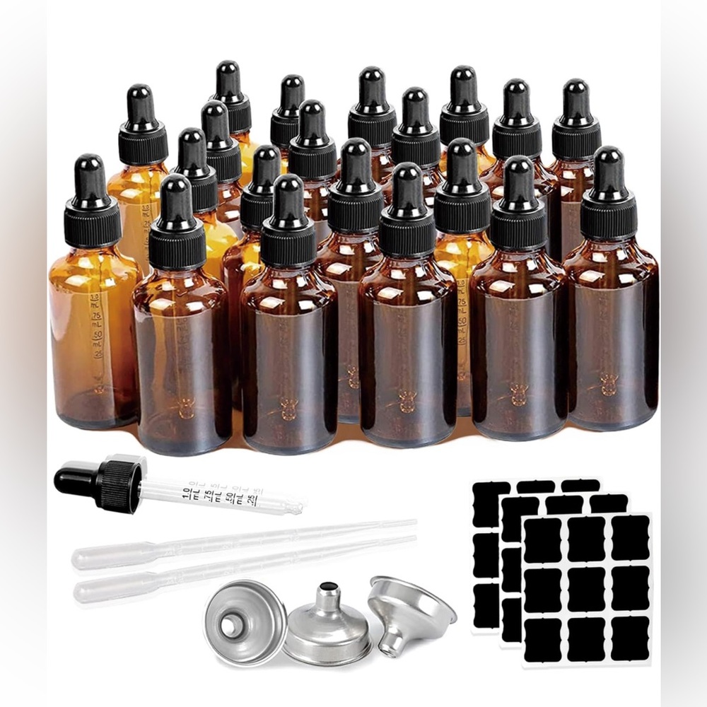 20 Pack 2 OUNCES Dark Amber Glass Dropper Bottle With Measured Dropper + bonuses